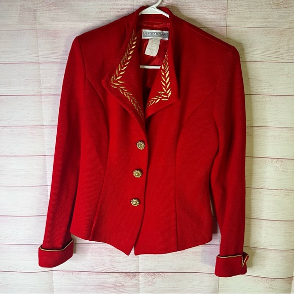 Jessica Howard VGT Red Gold Embroidery Decorative Button Knit Blazer Jacket Sz 8 - Picture 1 of 10